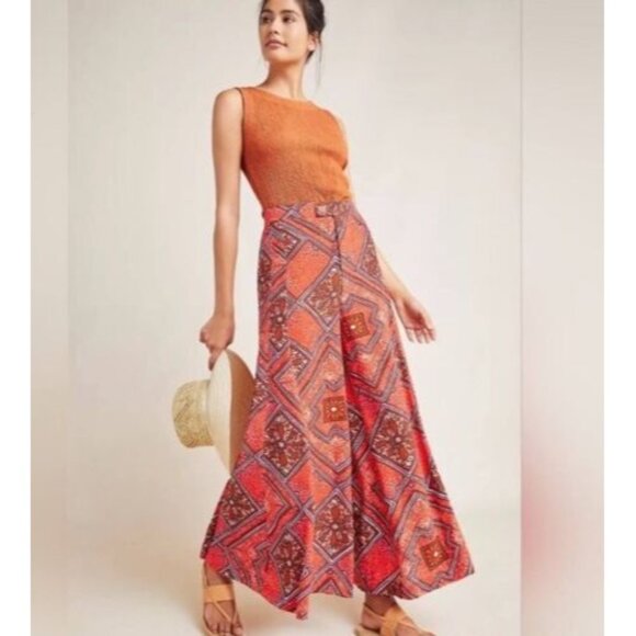 Anthropologie Skirted Wide Leg Retro Red Pants Trousers Size 6 Geometric Print s - Picture 2 of 8